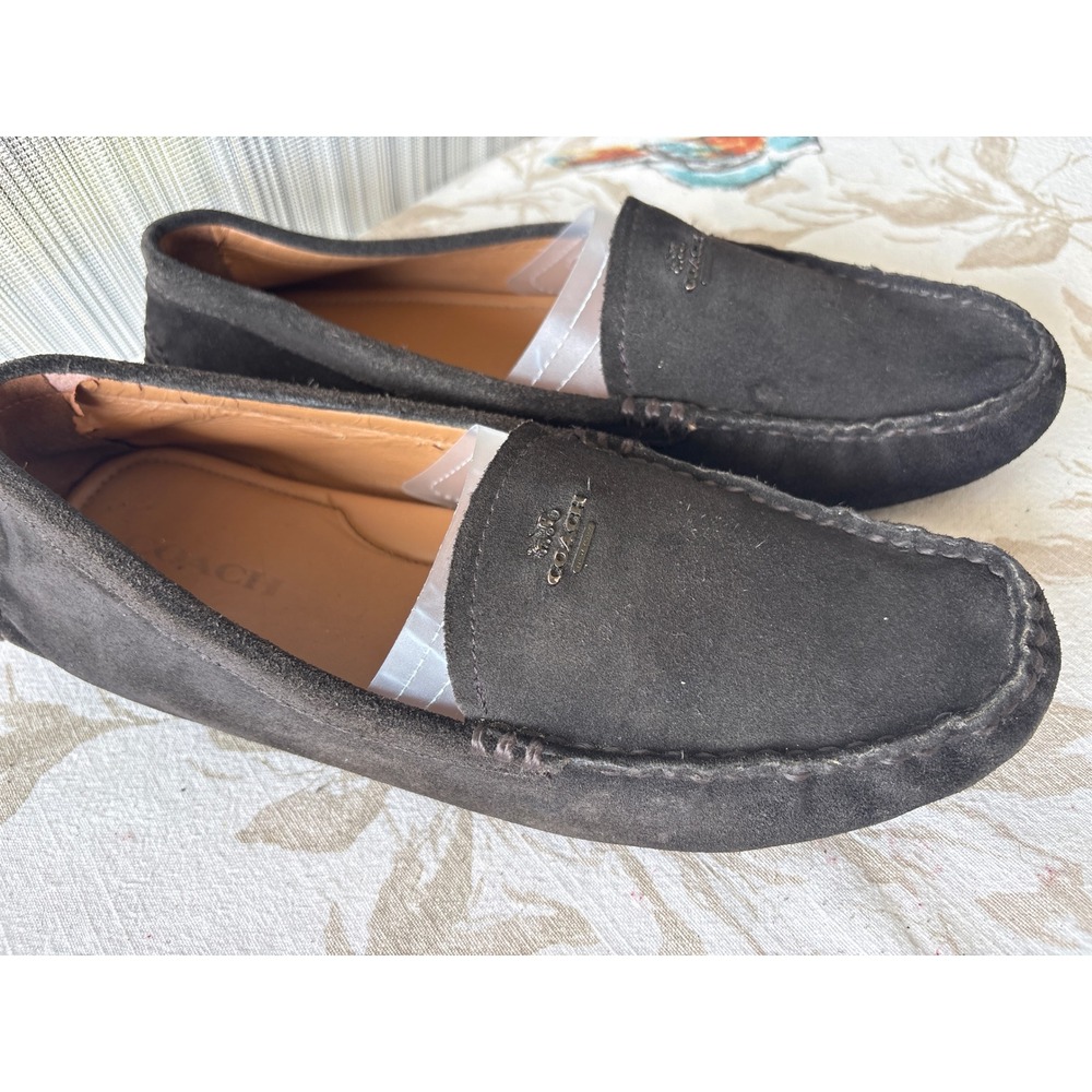 Coach Womens 10B Suede Driving Loafers Black Moccasin Flats Horse Carriage Logo
